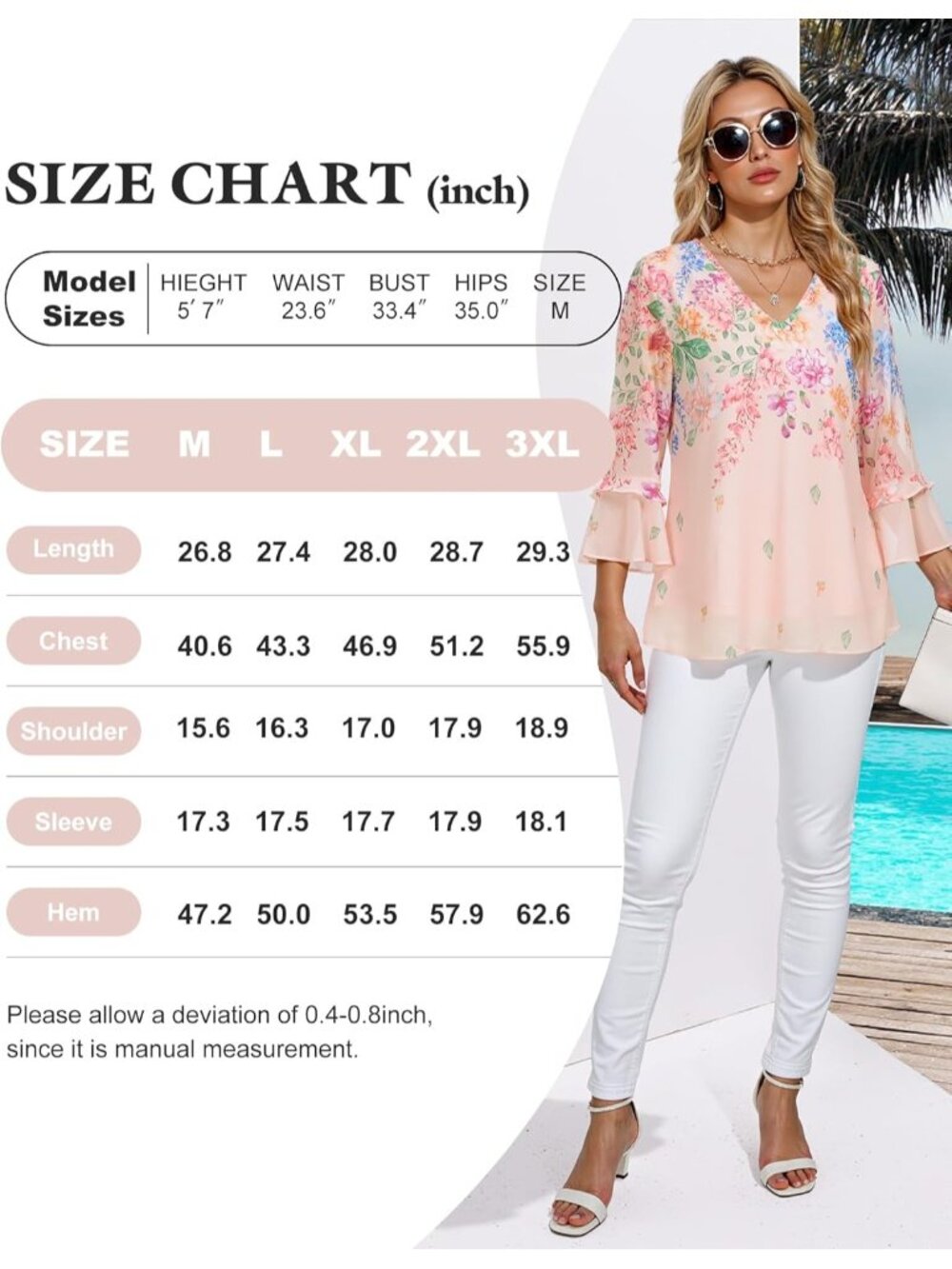 Women's Top Multi Casual Ruffle 3/4 Sleeves V Neck Floral Chiffon Blouses - Picture 5 of 5